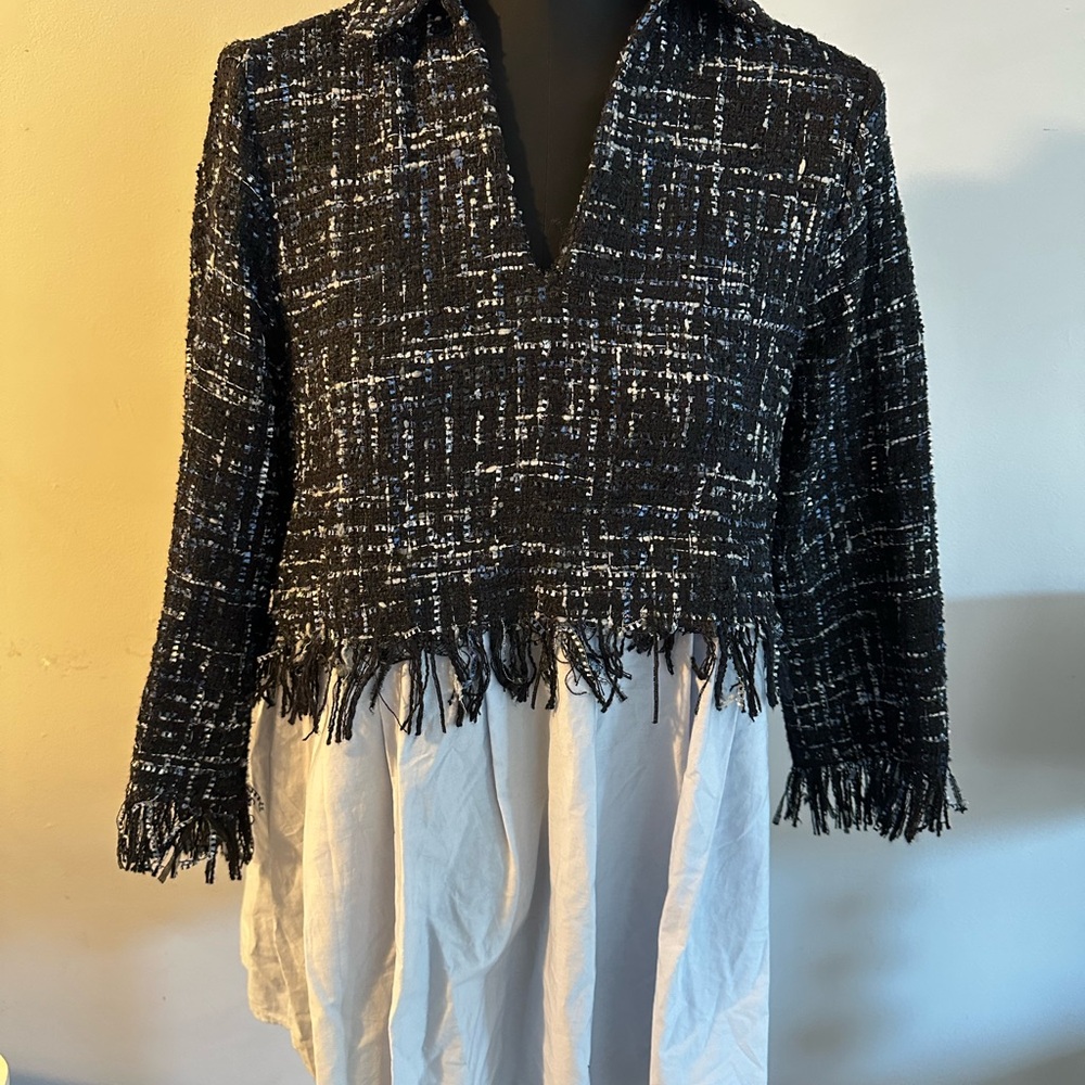 Zara Black and light blue Tweed Fringe tunic